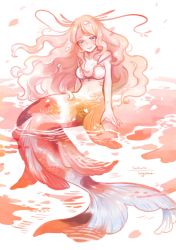 Rule 34 | 1girl, antennae, arms at sides, blue eyes, colored skin, fingernails, fins, gills, gradient hair, head tilt, highres, hogara, koi, long hair, looking at viewer, mermaid, monster girl, multicolored hair, original, partially submerged, petals, pink hair, pink skin, scales, sharp fingernails, signature, sitting, smile, two-tone hair, water, wavy hair, webbed hands, white background, white hair