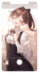 Rule 34 | 1girl, backlighting, backpack, bag, black bow, black bowtie, black dress, blurry, blush, bokeh, bow, bowtie, breasts, brown hair, carrying bag, closed eyes, collared shirt, cowboy shot, depth of field, dress, english text, facing viewer, hair bow, highres, holding strap, huyunora, light particles, open mouth, original, shirt, small breasts, smile, solo, sunlight, viewfinder, white shirt, wind