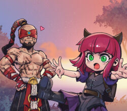 Rule 34 | 1boy, 1girl, abs, animal ears, annie (league of legends), bear ears, beard, blindfold, blunt bangs, closed mouth, facial hair, fake animal ears, grass, green eyes, heart, league of legends, lee sin, muscular, muscular male, navel, open mouth, outdoors, phantom ix row, ponytail, red hair, short hair, short sleeves, sky, smile, topless male, tree