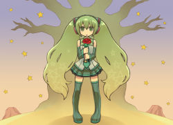 Rule 34 | boots, chan co, detached sleeves, flower, full body, green eyes, green hair, hatsune miku, long hair, necktie, patterned, red flower, red rose, rose, skirt, solo, star (symbol), thigh boots, thighhighs, tree, twintails, vocaloid