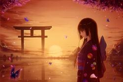 Rule 34 | 1girl, backlighting, black hair, bug, butterfly, cherry blossoms, chinese commentary, cloud, commentary request, cowboy shot, enma ai, falling petals, from side, highres, huhv., insect, japanese clothes, jigoku shoujo, kimono, long hair, obi, orange sky, petals, print kimono, profile, red eyes, sash, sky, solo, sun, sunset, torii, water
