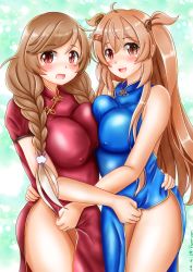Rule 34 | 2girls, alternate costume, aqua background, bare legs, blue dress, braid, breast press, breasts, brown eyes, china dress, chinese clothes, dated, dress, gradient background, hair between eyes, hair flaps, heterochromia, highres, kantai collection, large breasts, light brown hair, long hair, looking at viewer, low twin braids, minegumo (kancolle), multiple girls, murasame (kancolle), open mouth, red dress, red eyes, short sleeves, smile, thighs, twin braids, twintails, two side up, ura tomomi