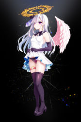 Rule 34 | 1girl, black gloves, black panties, black thighhighs, breasts, clothes lift, cross, cross earrings, dress, dress lift, earrings, elbow gloves, feathered wings, gloves, halo, high heels, highres, jewelry, lifting own clothes, long hair, okuri banto, original, panties, purple eyes, single wing, small breasts, solo, thigh strap, thighhighs, two-sided dress, two-sided fabric, underwear, white dress, white hair, wings