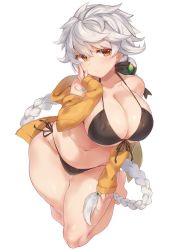 Rule 34 | 10s, 1girl, alternate costume, bad id, bad pixiv id, bare shoulders, bikini, black bikini, black ribbon, braid, breasts, brown eyes, cleavage, closed mouth, collarbone, covered erect nipples, curvy, hand on own cheek, hand on own face, head tilt, holding, holding own hair, hood, hood down, hooded jacket, jacket, jitome, kantai collection, kneeling, large breasts, leaning forward, long hair, looking at viewer, navel, off shoulder, open clothes, open jacket, pokoten (pokoten718), ponytail, ribbon, side-tie bikini bottom, silver hair, simple background, single braid, smile, solo, stomach, swimsuit, unryuu (kancolle), very long hair, white background, wide hips, yellow jacket