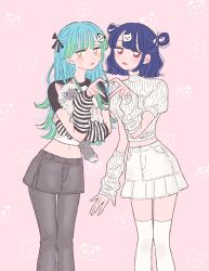 Rule 34 | 2girls, animal, aqua hair, arm warmers, black ribbon, black shirt, blue hair, blunt bangs, bright pupils, cat, commentary request, crop top, detached sleeves, dog hair ornament, gradient hair, green hair, grey pants, hair ornament, hair ribbon, heart, heart hands, heart hands duo, highres, holding, holding animal, holding cat, long hair, long sleeves, looking at viewer, medium hair, midriff, multicolored hair, multiple girls, navel, original, panda hair ornament, pants, pink background, pleated skirt, puffy sleeves, red eyes, ribbon, rikuwo, shirt, short sleeves, simple background, skirt, striped sleeves, sweater, thighhighs, turtleneck, white pupils, white shirt, white skirt, white sleeves, white sweater, white thighhighs, yellow eyes