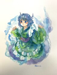 Rule 34 | 1girl, absurdres, blue background, blue eyes, blue hair, breasts, closed mouth, dated, fins, frilled kimono, frills, green kimono, head fins, highres, japanese clothes, kimono, long sleeves, medium hair, monster girl, one-hour drawing challenge, painting (medium), shiroma (mamiko), simple background, sleeves past wrists, small breasts, solo, touhou, traditional media, wakasagihime, watercolor (medium), white background