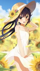 Rule 34 | 1girl, absurdres, brown eyes, brown hair, dress, flower, hat, hat flower, highres, holding, holding clothes, holding dress, k-on!, looking at viewer, motchi001, nakano azusa, open mouth, outdoors, smile, solo, straw hat, sundress, sunflower, white dress, wind, wind lift