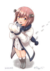 Rule 34 | 1girl, boots, brown eyes, brown hair, coat, dress, footprints, grey footwear, kantai collection, mittens, one-hour drawing challenge, open mouth, ray.s, round teeth, scarf, short hair, solo, speaking tube headset, teeth, upper teeth only, white coat, white dress, white mittens, white scarf, yukikaze (kancolle)