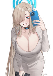 Rule 34 | 1girl, absurdres, asuna (blue archive), asymmetrical bangs, bag, blue archive, blue eyes, blue halo, blue nails, breasts, camera phone, cleavage, dress, hair over one eye, halo, handbag, highres, huge breasts, large breasts, light brown hair, long hair, milephunter, mole, mole on breast, selfie, solo