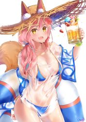 Rule 34 | 1girl, :d, animal ear fluff, animal ears, arm behind back, beer mug, bikini, blue bikini, blush, bracelet, breasts, cherim, cleavage, contrapposto, cowboy shot, cup, fang, fate/grand order, fate (series), fox ears, fox tail, hair ornament, hair over shoulder, hat, highres, innertube, jewelry, large breasts, long hair, looking at viewer, low ponytail, mug, navel, open mouth, pink hair, see-through, shirt, side-tie bikini bottom, smile, solo, standing, straw hat, sun hat, swim ring, swimsuit, t-shirt, tail, tamamo (fate), tamamo no mae (fate/extra), tamamo no mae (swimsuit lancer) (fate), tamamo no mae (swimsuit lancer) (second ascension) (fate), yellow eyes