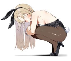 Rule 34 | 1girl, animal ears, armpit crease, black footwear, black leotard, black pantyhose, blonde hair, blush, breast press, breasts, breasts on lap, bunny day, closed eyes, commentary, embarrassed, fake animal ears, from side, high heels, highres, hugging own legs, leotard, long hair, medium breasts, mm (mm chair), nijisanji, pantyhose, parted bangs, playboy bunny, rabbit ears, rabbit tail, shadow, sideboob, simple background, sister claire, smile, solo, squatting, sweatdrop, tail, tiptoes, virtual youtuber, white background, wrist cuffs