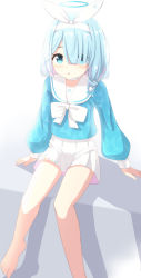 Rule 34 | 1girl, :o, absurdres, arona (blue archive), barefoot, blue archive, blue eyes, blue hair, blue shirt, blush, bow, braid, commentary request, feet out of frame, hair ribbon, hairband, halo, highres, long sleeves, looking at viewer, multicolored hair, parted lips, pink hair, pleated skirt, puffy long sleeves, puffy sleeves, ribbon, sailor collar, school uniform, serafuku, shirt, single braid, sitting, skirt, solo, takasuma hiro, two-tone hair, white background, white bow, white hairband, white ribbon, white sailor collar, white skirt