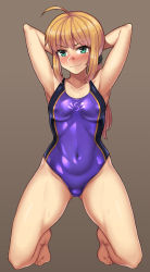 Rule 34 | 1girl, arms behind head, artoria pendragon (all), artoria pendragon (fate), bad id, bad pixiv id, barefoot, blonde hair, blush, competition swimsuit, covered erect nipples, covered navel, fate/stay night, fate (series), full-face blush, full body, green eyes, highres, kneeling, long hair, looking at viewer, naughty face, nite (ku3456), official alternate costume, one-piece swimsuit, purple one-piece swimsuit, saber (fate), saber (summer battle clothes) (fate), smile, solo, swimsuit
