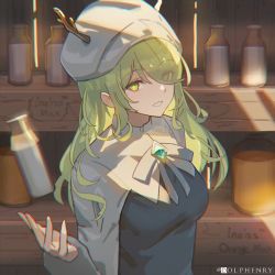 Rule 34 | 1girl, antlers, bottle, branch, ceres fauna, chromatic aberration, dolphenry, gem, green gemstone, green hair, hololive, hololive english, horns, looking at viewer, milk, milk bottle, ribbon, shelf, shirt, smile, virtual youtuber, white headwear, yellow eyes
