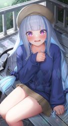 Rule 34 | 1girl, @ @, bench, beret, blue sweater, blunt bangs, blush, breasts, brown hat, brown skirt, feet out of frame, glint, hat, highres, lize helesta, long hair, long sleeves, looking at viewer, medium breasts, nijisanji, open mouth, outdoors, purple eyes, railing, silver hair, sitting, skirt, solo, suraimu (suraimuraimu), sweat, sweater, very long hair, virtual youtuber, wavy mouth