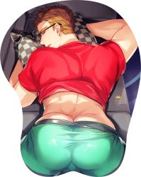 Rule 34 | 1boy, ass, ass focus, ass mousepad, back, bara, blouse, blue eyes, brown hair, butt crack, clothes lift, glasses, green male underwear, julius will kresnik, kamiya (mennu), looking back, lying, male focus, male underwear, mousepad, mousepad (medium), muscular, muscular male, hugging object, on stomach, open mouth, pillow, pillow hug, red shirt, shirt, shirt lift, short hair, solo, tales of (series), tales of xillia, tales of xillia 2, underwear, yaoi