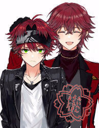 Rule 34 | 2boys, blush, brothers, closed eyes, closed mouth, dankira!!!, frown, gloves, green eyes, hand on another&#039;s head, highres, jacket, leather, leather jacket, long hair, multiple boys, open mouth, red hair, short hair, siblings, smile, translation request, tsubaki kento, tsubaki seito, white background, yukinotihare