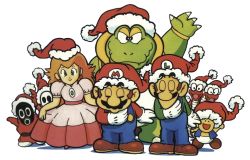Rule 34 | 1girl, 2boys, 6+others, blonde hair, blue eyes, claws, facial hair, frog, gloves, grin, hat, hood, looking at viewer, luigi, mario, mario (series), mask, multiple boys, multiple others, mustache, nintendo, official art, princess peach, santa hat, shy guy, smile, snifit, super mario bros. 2, toad (mario), tryclyde, wart (mario), waving