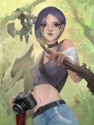 Rule 34 | 1girl, 1other, absurdres, animal ears, back, bare shoulders, black choker, blue hair, bob cut, breasts, brown eyes, camera, choker, creatures (company), forest, game freak, gen 9 pokemon, grafaiai, grey shirt, grey sports bra, highres, holding, holding camera, jeredxd, light smile, lips, looking at another, looking to the side, loose hair strand, medium breasts, midriff, nature, navel, nintendo, pants, perrin (pokemon), pokemon, pokemon (creature), pokemon sv, ribbed shirt, shirt, sleeveless, sleeveless shirt, sports bra, tail, tree, undershirt, wide hips