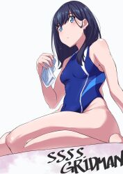 Rule 34 | 1girl, black hair, blue eyes, blue one-piece swimsuit, breasts, closed mouth, commentary request, competition swimsuit, copyright name, gridman universe, kneeling, long hair, looking at viewer, medium breasts, one-piece swimsuit, showhey!!, simple background, solo, ssss.gridman, swim cap, unworn swim cap, swimsuit, takarada rikka, thick thighs, thighs, white background