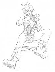 Rule 34 | 1990s (style), 1boy, aftersex, cloud strife, cum, erection, final fantasy, final fantasy vii, foreskin, full body, male focus, monochrome, penis, retro artstyle, simple background, solo