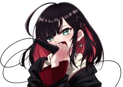 Rule 34 | 1girl, ahoge, black hair, black jacket, cable, colored inner hair, earrings, fang, green eyes, hair ornament, hairclip, hand up, highres, hizuki yui, holding, holding microphone, jacket, jewelry, long sleeves, looking at viewer, medium hair, microphone, mole, mole under eye, multicolored hair, neo-porte, open mouth, pleated sleeves, portrait, red hair, red sleeves, simple background, smile, solo, transparent background, virtual youtuber, wide sleeves, yuupenman