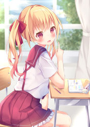 Rule 34 | 1girl, :d, absurdres, arm between legs, bad id, bad pixiv id, book, chair, commentary request, curtains, desk, elbows on table, fang, hair ribbon, highres, indoors, long hair, mechanical pencil, open book, open mouth, original, pencil, pencil case, pointing, red eyes, red ribbon, red skirt, ribbon, school chair, school desk, school uniform, serafuku, short sleeves, sitting, skin fang, skirt, smile, solo, suspenders, tsuruse, twintails, window