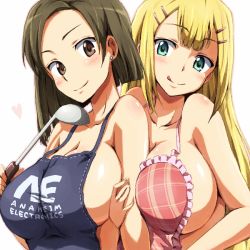 Rule 34 | 00s, 2girls, apron, blonde hair, blush, breasts, brown eyes, brown hair, cleavage, collarbone, earrings, frilled apron, frills, green hair, gundam, gundam 00, hair ornament, hairclip, heart, jewelry, kinue crossroad, ladle, large breasts, licking lips, locked arms, long hair, louise halevy, multiple girls, naked apron, runaru, sideboob, stud earrings, tongue, tongue out