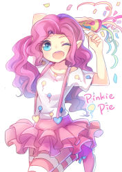 Rule 34 | 1girl, ;d, arm behind head, arms up, balloon, blue eyes, character name, collarbone, confetti, cowboy shot, curly hair, emia wang, happy, heart, holding, layered skirt, leg up, long hair, looking at viewer, my little pony, my little pony: friendship is magic, one eye closed, open mouth, party popper, personification, pink hair, pink skirt, pinkie pie, pointy ears, round teeth, shirt, shoes, short sleeves, side ponytail, sidelocks, simple background, skirt, smile, solo, standing, standing on one leg, streamers, striped clothes, striped thighhighs, suspender skirt, suspenders, t-shirt, tareme, teeth, thighhighs, white background, zettai ryouiki