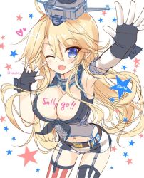 Rule 34 | + +, 10s, 1girl, ;d, ahoge, american flag legwear, ameto yuki, belt, blonde hair, blue eyes, blush, body writing, breasts, character name, cleavage, covered erect nipples, detached sleeves, elbow gloves, female focus, fingerless gloves, front-tie top, garter straps, gloves, hair between eyes, heart, iowa (kancolle), kantai collection, large breasts, long hair, looking at viewer, microskirt, navel, one eye closed, open mouth, simple background, skirt, smile, solo, star-shaped pupils, star (symbol), striped clothes, striped thighhighs, symbol-shaped pupils, thighhighs, twitter username, vertical-striped clothes, vertical-striped thighhighs, white background, zettai ryouiki