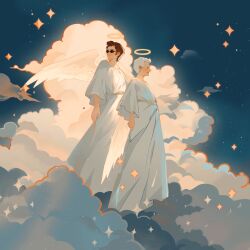 Rule 34 | 2boys, 7203274984, angel, angel wings, aziraphale (good omens), cloud, crowley (good omens), glasses, good omens, highres, long sleeves, multiple boys, red hair, sparkle background, white hair, wings