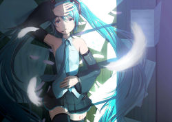 Rule 34 | 1girl, abmayo, aqua hair, aqua necktie, armpits, bare shoulders, black footwear, black skirt, blue eyes, blurry, boots, collared shirt, cowboy shot, depth of field, detached sleeves, feathers, floor, frilled skirt, frills, from above, grey shirt, hair between eyes, hand on own head, hand on own stomach, hatsune miku, headset, highres, indoors, long hair, looking at viewer, lying, miniskirt, necktie, open mouth, paper, pleated skirt, sheet music, shirt, skirt, sleeveless, sleeveless shirt, solo, sunlight, tattoo, thigh boots, thighhighs, twintails, very long hair, vocaloid, wooden floor, zettai ryouiki