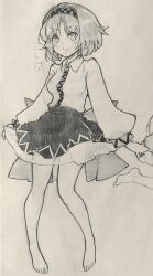 Rule 34 | 1girl, absurdres, barefoot, carbohydrate (asta4282), closed mouth, collared shirt, full body, greyscale, hairband, highres, long sleeves, looking at viewer, monochrome, shirt, short hair, sketch, skirt, smile, solo focus, touhou, traditional media, tsukumo yatsuhashi