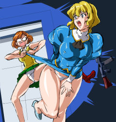 Rule 34 | 2girls, agent aika, aida rion, aika (series), angry, ascot, assault rifle, assisted exposure, bare arms, bare legs, bare shoulders, black ascot, black choker, blonde hair, blue delmo, blue eyes, blue footwear, blue jacket, blue skirt, boots, breasts, brown hair, catherine (agent aika), choker, clothes pull, collared shirt, commentary request, covered erect nipples, crotch seam, delmo, delmogeny uniform, embarrassed, fang, glasses, green skirt, gun, hairband, high heels, highres, indoors, jacket, juliet sleeves, legs, long sleeves, mamesi (suhk8583), medium breasts, miniskirt, multiple girls, open mouth, panties, pantyshot, pencil skirt, pleated skirt, puffy sleeves, pulling another&#039;s clothes, red footwear, red hairband, rifle, round eyewear, semi-rimless eyewear, shirt, short hair, skirt, skirt pull, sleeveless, sleeveless shirt, standing, standing on one leg, stg44, taut clothes, teeth, thighs, underwear, undressing, uniform, upper teeth only, upskirt, v-shaped eyebrows, vest, weapon, white panties, white shirt, yellow vest
