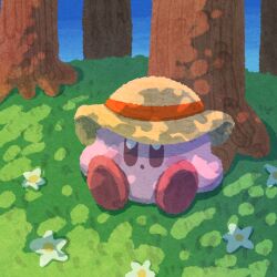 Rule 34 | blush stickers, dappled sunlight, flower, forest, grass, hat, highres, kirby, kirby (series), miclot, nature, nintendo, no humans, open mouth, pink footwear, shoes, sitting, sun hat, sunlight, tree, white flower