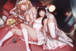 Rule 34 | 10s, 2girls, :d, ahoge, bad id, bad pixiv id, bare shoulders, blonde hair, blue eyes, bouquet, braid, breasts, bride, brown hair, cleavage, dress, dutch angle, elbow gloves, flower, gloves, green eyes, hair ornament, hair ribbon, highres, jewelry, kantai collection, kneehighs, lace, lace-trimmed legwear, lace gloves, lace trim, long hair, looking at viewer, lying, lying on person, medium breasts, multiple girls, on bed, open mouth, ornate ring, panties, pantyshot, parted lips, ribbon, ring, shigure (kancolle), shiny skin, single braid, small breasts, smile, socks, thighhighs, underwear, wedding dress, wedding ring, white legwear, white panties, yuudachi (kancolle), yykuaixian