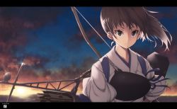 Rule 34 | 10s, 1girl, 2015, arm guards, armor, blue tasuki, bow, bow (weapon), breastplate, brown eyes, brown hair, collarbone, dated, expressionless, female focus, glint, highres, horizon, japanese clothes, kaga (kancolle), kantai collection, letterboxed, machinery, mku, muneate, ocean, quiver, serious, short hair, short sleeves, side ponytail, solo, sunset, tasuki, upper body, water, weapon