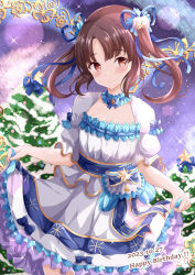 Rule 34 | 1girl, bell, blue bow, blue ribbon, blush, bow, breasts, brown eyes, brown hair, character request, christmas, christmas ornaments, christmas tree, cleavage, closed mouth, commentary request, dated, dress, frilled dress, frills, hair bell, hair ornament, hair ribbon, happy birthday, highres, looking at viewer, ongeki, parted bangs, puffy short sleeves, puffy sleeves, ribbon, short sleeves, skirt hold, small breasts, solo, star (symbol), twintails, white dress, xenon (for achieve)