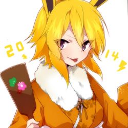 Rule 34 | 10s, 1girl, 2014, :p, animal ears, blonde hair, creatures (company), fur trim, game freak, gen 1 pokemon, japanese clothes, jolteon, kimono, looking at viewer, nintendo, paddle, personification, pokemon, purple eyes, short hair, solo, tongue, tongue out, white background, zinpati