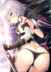 Rule 34 | 1girl, ass, back, bandaged arm, bandages, black gloves, black panties, black thighhighs, breasts, butt crack, cowboy shot, dual wielding, facial scar, fate/apocrypha, fate/grand order, fate (series), from behind, gloves, green eyes, holding, holding knife, jack the ripper (fate/apocrypha), knife, looking back, open mouth, panties, parted lips, partially fingerless gloves, reverse grip, scar, scar across eye, scar on cheek, scar on face, short hair, shoulder tattoo, single glove, small breasts, solo, taiki ken, tattoo, thighhighs, underwear, white hair