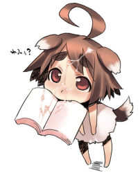 Rule 34 | 1girl, ahoge, animal ears, book, brown hair, chibi, cum, cum on hair, ears down, eyebrows, facial, fang, lowres, mouth hold, oohara kyuutarou, solo, tail, translated, woof