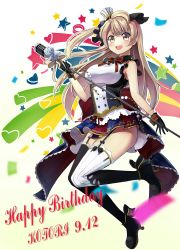 Rule 34 | 10s, 1girl, asymmetrical legwear, beamed quavers, black gloves, black thighhighs, cafe maid (love live!), character name, dated, dress, eyebrows, full body, garter straps, gloves, hair ornament, happy birthday, heart, highres, holding, holding microphone, light brown hair, long hair, love live!, love live! school idol festival, love live! school idol project, microphone, microphone stand, minami kotori, motokonut, musical note, open mouth, quaver, simple background, solo, star (symbol), thighhighs, uneven legwear, white background, white thighhighs, yellow eyes