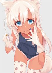 Rule 34 | 1girl, alakoala, animal ears, blonde hair, blue eyes, blue one-piece swimsuit, cowboy shot, fangs, grey background, highres, kantai collection, kemonomimi mode, leaning forward, long hair, nail polish, one-piece swimsuit, one-piece tan, paw print, ro-500 (kancolle), school swimsuit, simple background, solo, standing, swimsuit, tail, tan, tanline, thighhighs, white thighhighs, wolf ears, wolf tail