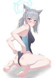 Rule 34 | 1girl, absurdres, adjusting clothes, adjusting swimsuit, animal ear fluff, animal ears, azurarts, barefoot, black one-piece swimsuit, blue archive, blue eyes, breasts, competition swimsuit, covered navel, cross hair ornament, extra ears, feet, from above, grey hair, hair ornament, halo, highres, legs, looking at viewer, looking back, low ponytail, medium breasts, medium hair, mismatched pupils, multicolored clothes, multicolored swimsuit, one-piece swimsuit, shiroko (blue archive), shiroko (swimsuit) (blue archive), simple background, sitting, soles, solo, swimsuit, toes, wariza, white background, wolf ears
