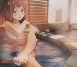 Rule 34 | 10s, 1girl, :d, aqua eyes, artist name, bad id, bad pixiv id, barefoot, bath, bathing, blurry, blush, breasts, brown hair, cleavage, covering privates, covering breasts, crossed arms, cup, depth of field, drinking glass, feet, flower pot, highres, in water, indoors, kyoukai no kanata, legs, crossed legs, long hair, looking at viewer, magicians (zhkahogigzkh), nude, onsen, open mouth, partially submerged, shindou ai, small breasts, smile, solo, sunlight, toes, towel