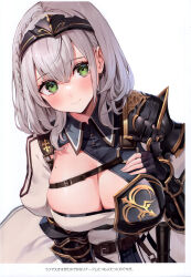 Rule 34 | 1girl, absurdres, armor, blush, braid, breastplate, breasts, buttons, cleavage, closed mouth, fingerless gloves, gloves, gold trim, green eyes, grey hair, hand on own chest, highres, hololive, jewelry, large breasts, looking at viewer, mole, mole on breast, puffy sleeves, scan, shirogane noel, shirogane noel (1st costume), shoulder armor, simple background, single shoulder pad, smile, tiara, upper body, virtual youtuber, watao, white background