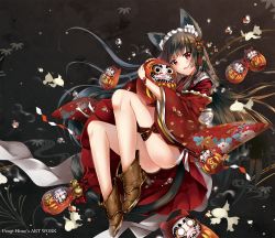 Rule 34 | 1girl, animal ear fluff, animal ears, artist name, ass, black hair, brown footwear, cat ears, cat tail, daruma doll, duji amo, floral print, highres, japanese clothes, long hair, original, red eyes, shoes, solo, tail, usagihime, watermark, wide sleeves