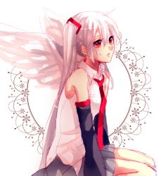 Rule 34 | 1girl, aisusuki, albino, albino (vocaloid), bad id, bad pixiv id, detached sleeves, hatsune miku, long hair, necktie, red eyes, sitting, skirt, solo, twintails, very long hair, vocaloid, white hair, wings