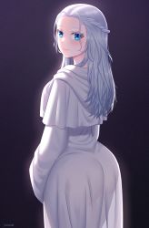 Rule 34 | 1girl, artist name, ass, blue eyes, blush, braid, capelet, closed mouth, colored eyelashes, commentary request, dress, eyelashes, final fantasy, final fantasy xiv, highres, huge ass, long hair, long sleeves, looking at viewer, looking back, satomi (745684552), see-through silhouette, silver hair, smile, solo, standing, thick thighs, thighs, venat (ff14), white capelet, white dress