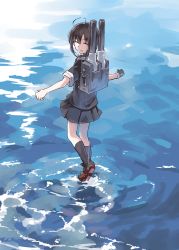 Rule 34 | 1girl, ahoge, black gloves, black hair, black serafuku, black skirt, braid, commentary request, closed eyes, from behind, full body, gloves, hair over shoulder, hair ribbon, highres, kantai collection, kneehighs, loafers, machinery, miniskirt, outstretched arms, pleated skirt, ribbon, rigging, school uniform, serafuku, shigure (kancolle), shoes, short sleeves, single braid, single glove, skirt, socks, solo, spread arms, standing, standing on liquid, sugue tettou, turret, water